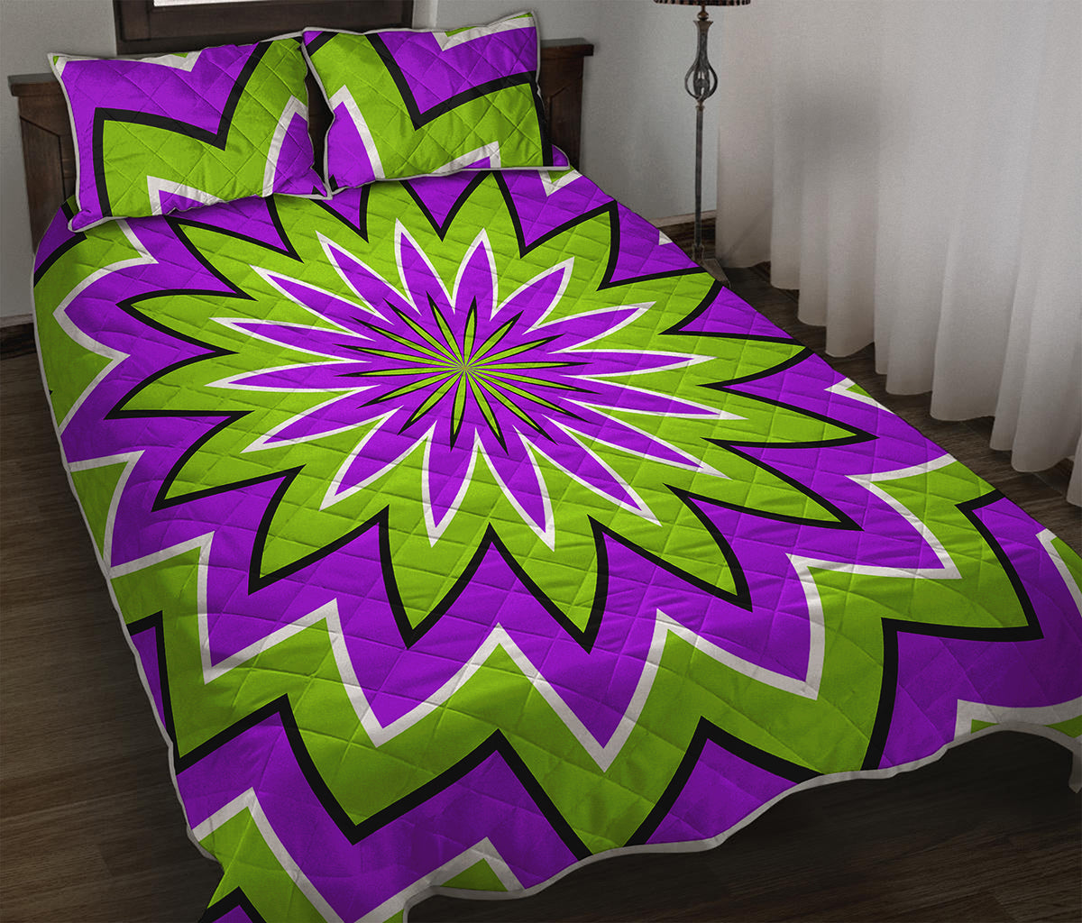 Green Flower Moving Optical Illusion Quilt Bed Set
