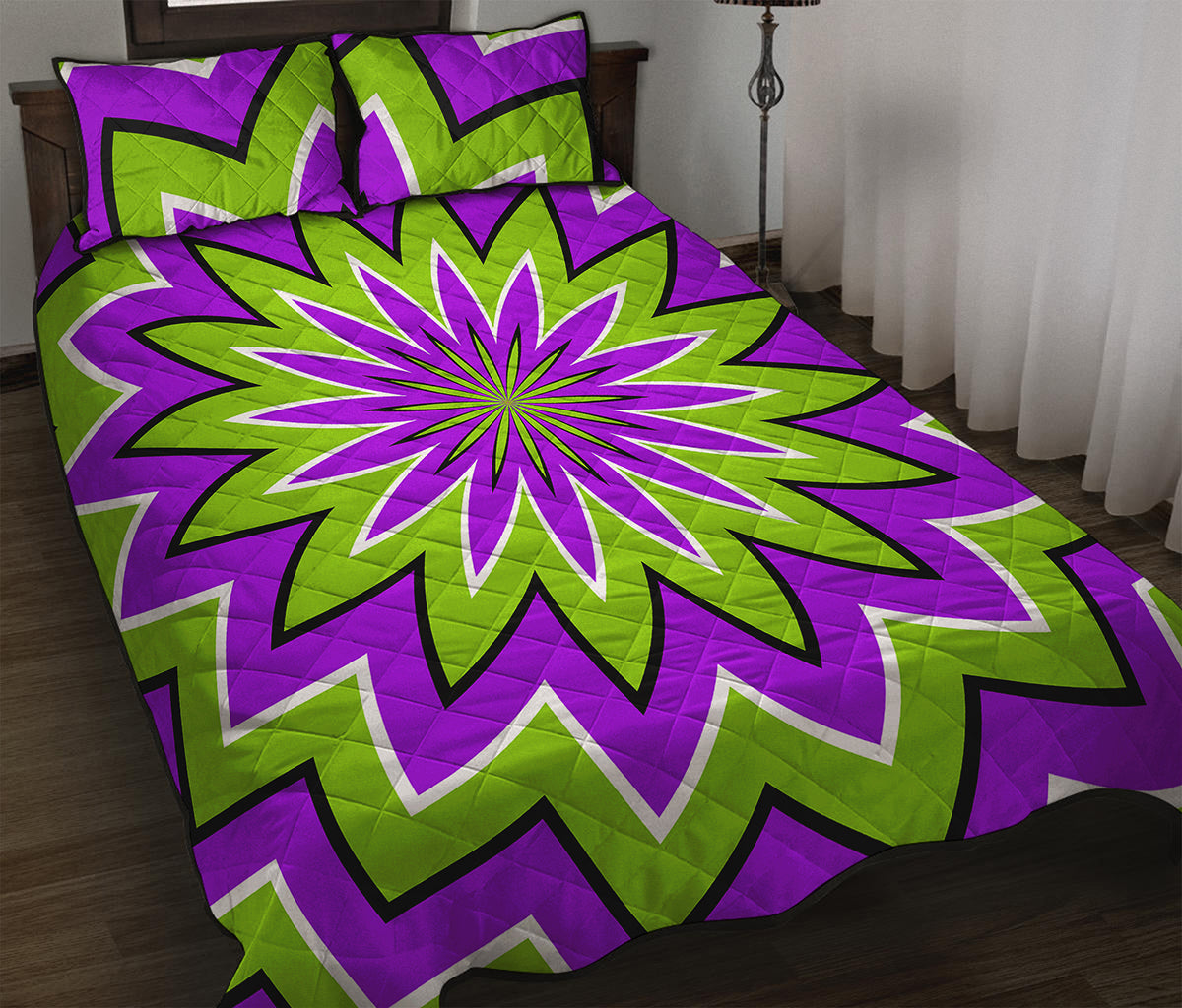Green Flower Moving Optical Illusion Quilt Bed Set