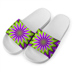 Green Flower Moving Optical Illusion White Slide Sandals