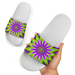 Green Flower Moving Optical Illusion White Slide Sandals