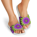 Green Flower Moving Optical Illusion White Slide Sandals