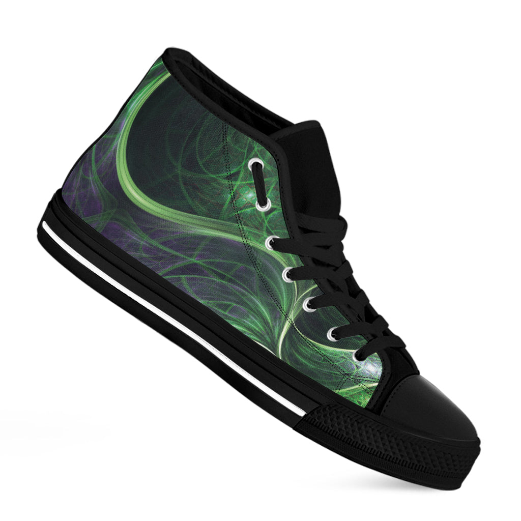 Green Fractal Print Black High Top Shoes