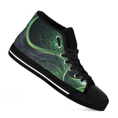 Green Fractal Print Black High Top Shoes