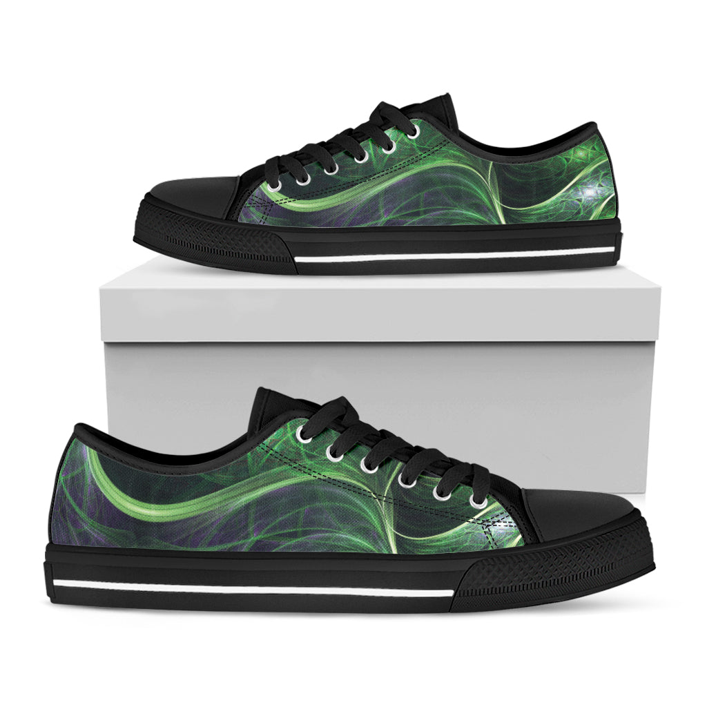 Green Fractal Print Black Low Top Shoes