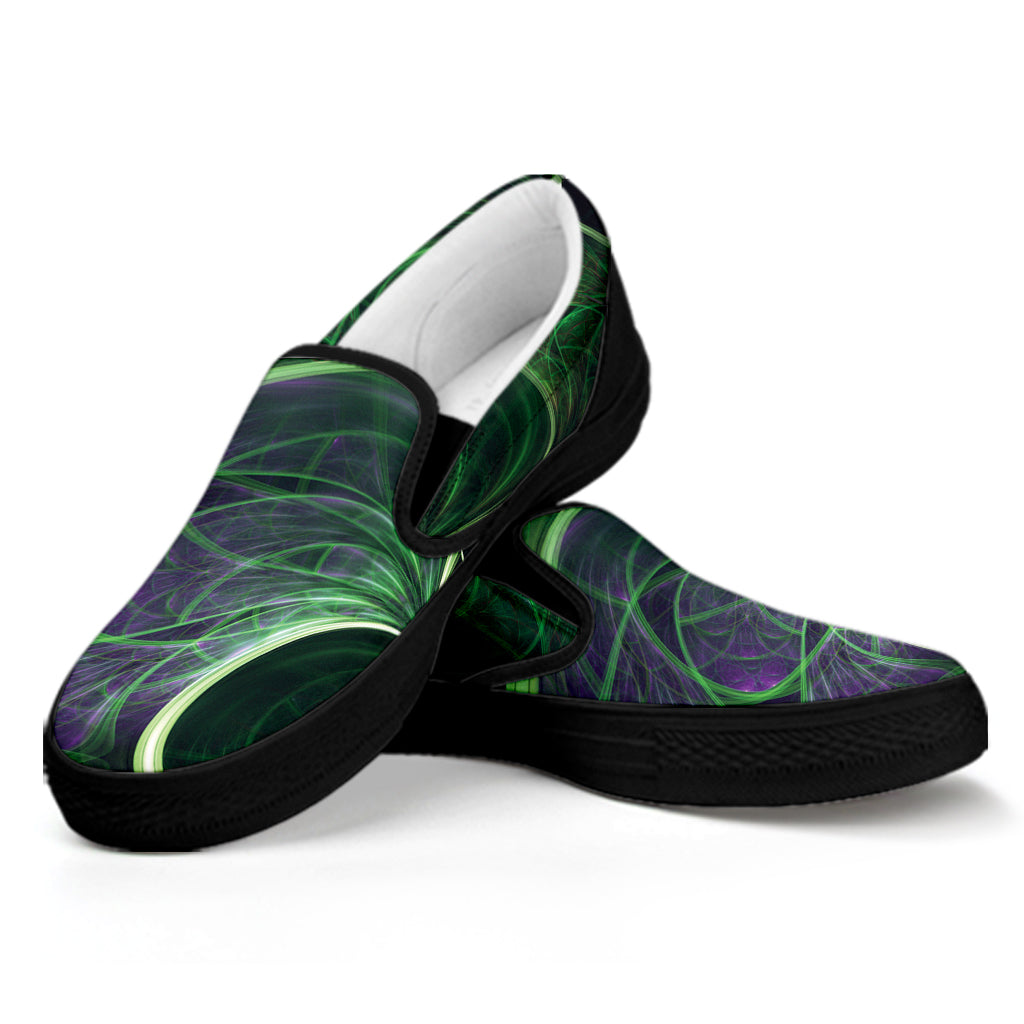 Green Fractal Print Black Slip On Shoes
