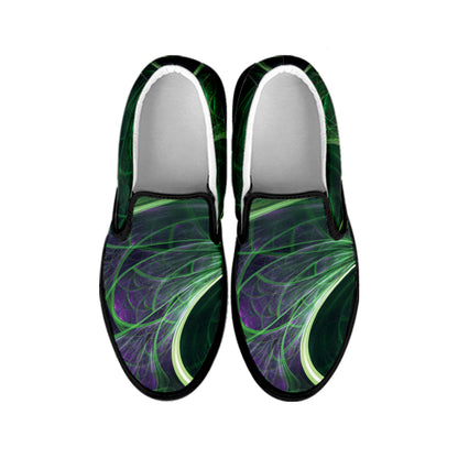 Green Fractal Print Black Slip On Shoes