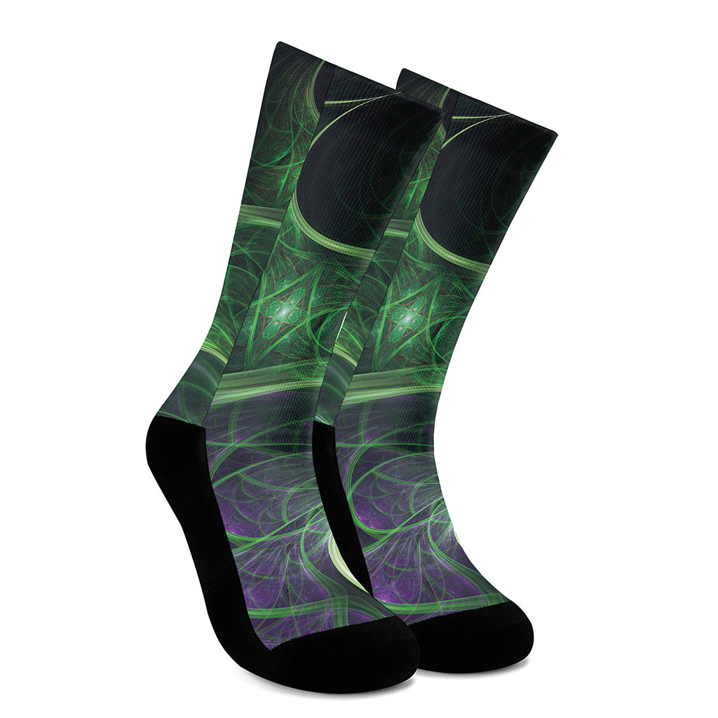 Green Fractal Print Crew Socks
