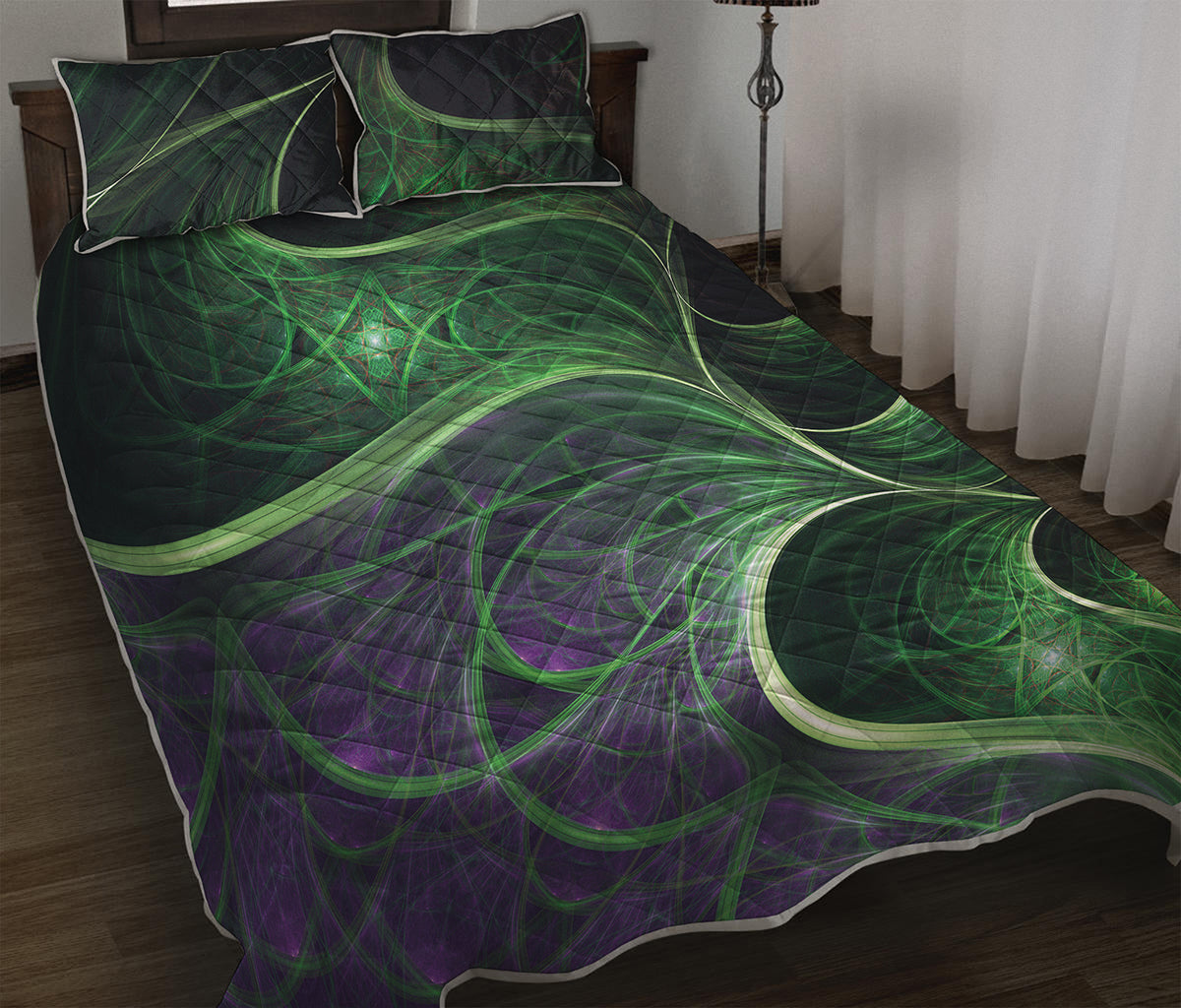 Green Fractal Print Quilt Bed Set