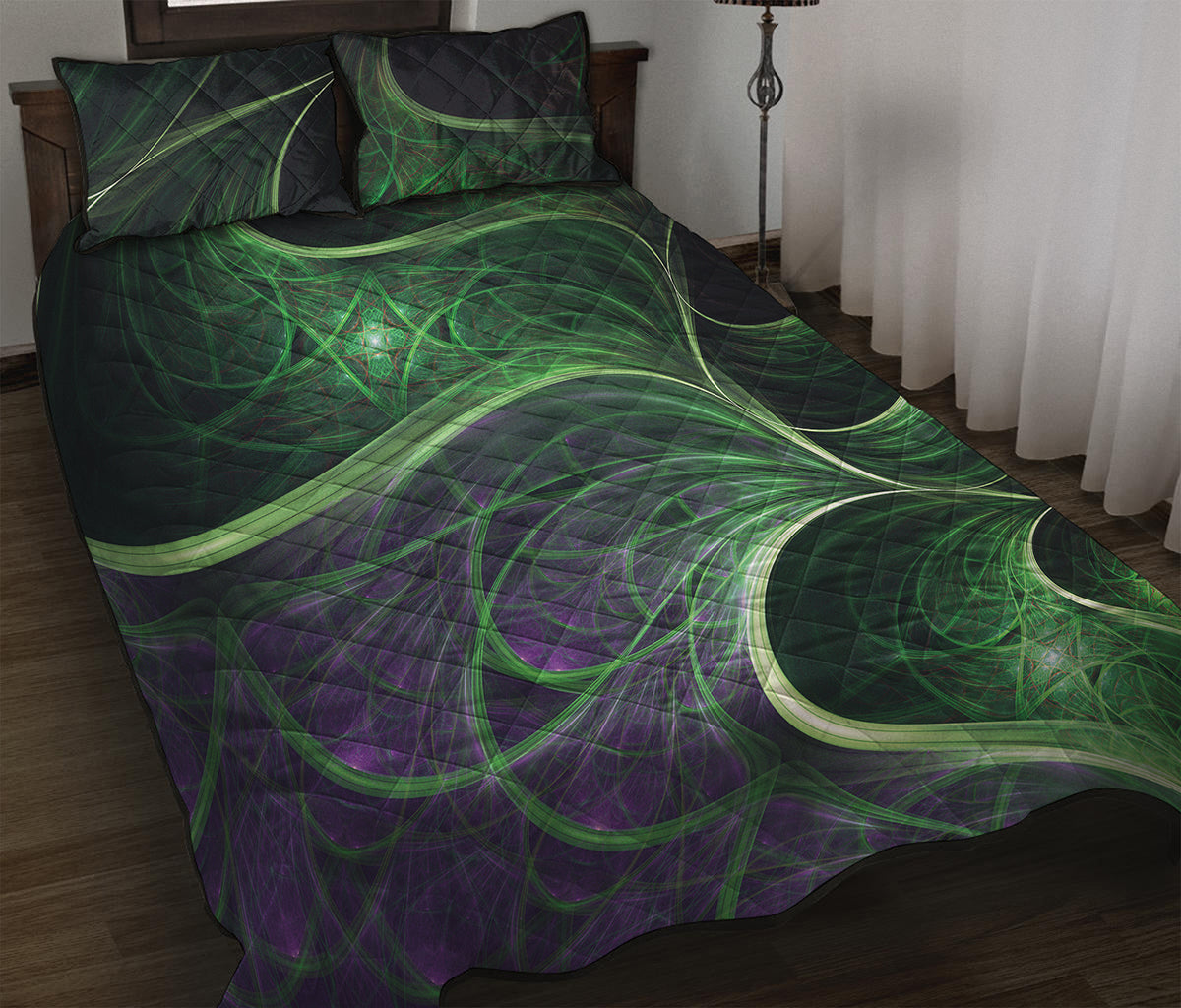 Green Fractal Print Quilt Bed Set
