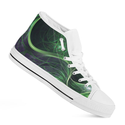 Green Fractal Print White High Top Shoes