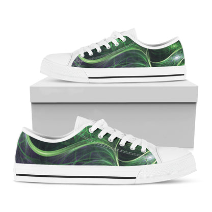 Green Fractal Print White Low Top Shoes