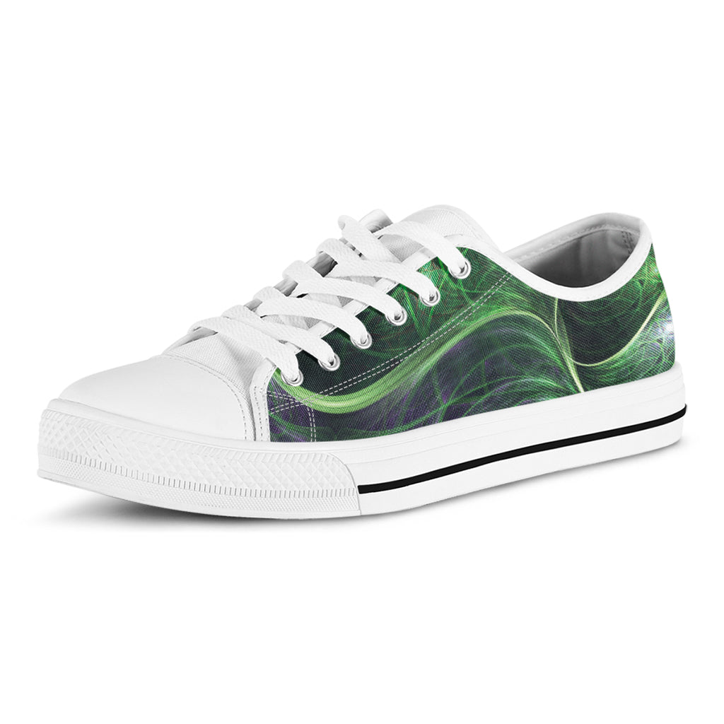 Green Fractal Print White Low Top Shoes