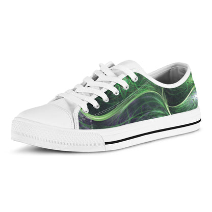 Green Fractal Print White Low Top Shoes