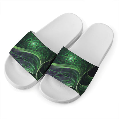 Green Fractal Print White Slide Sandals