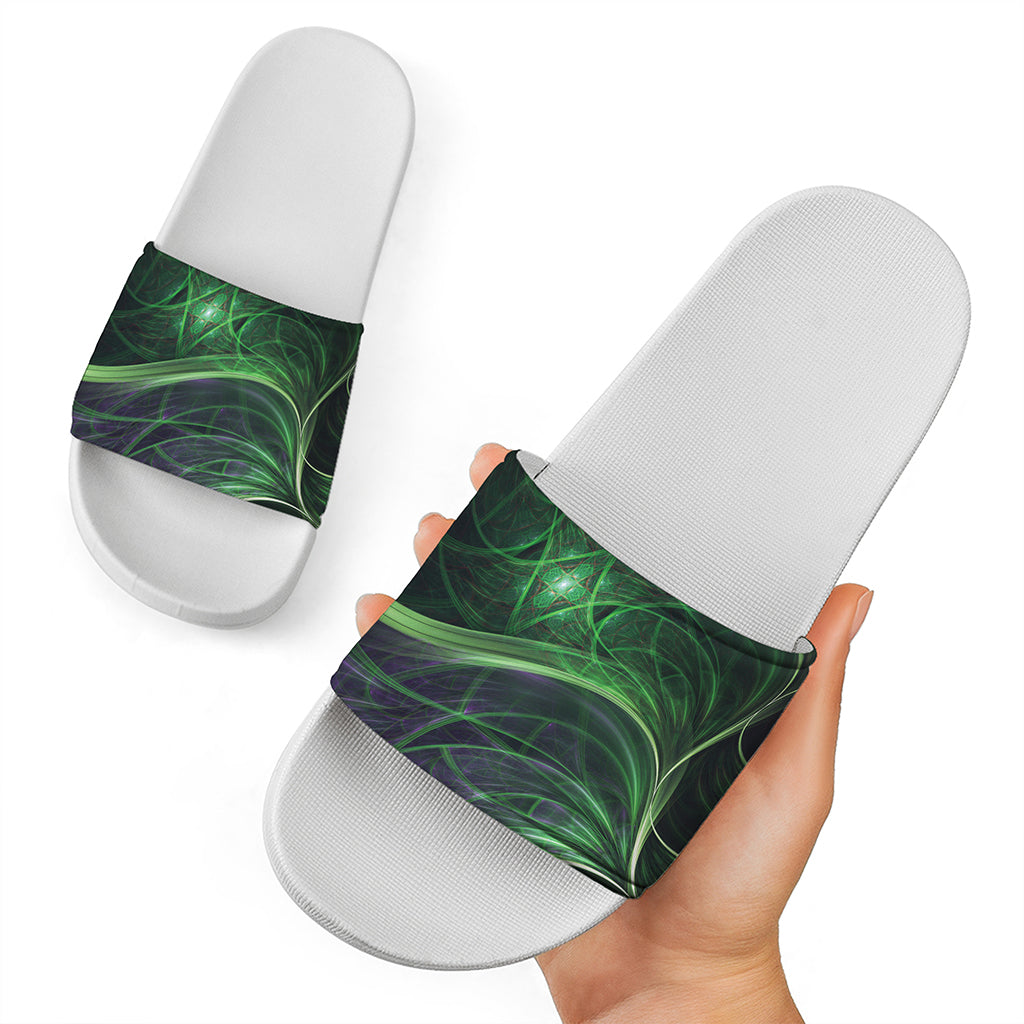 Green Fractal Print White Slide Sandals