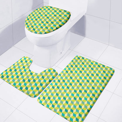 Green Geometric Cube Shape Pattern Print 3 Piece Bath Mat Set