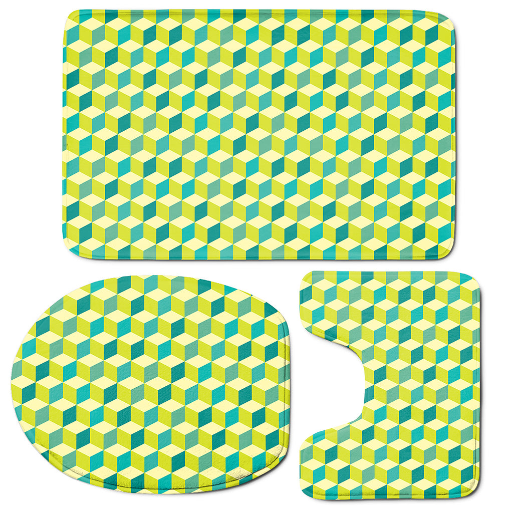 Green Geometric Cube Shape Pattern Print 3 Piece Bath Mat Set