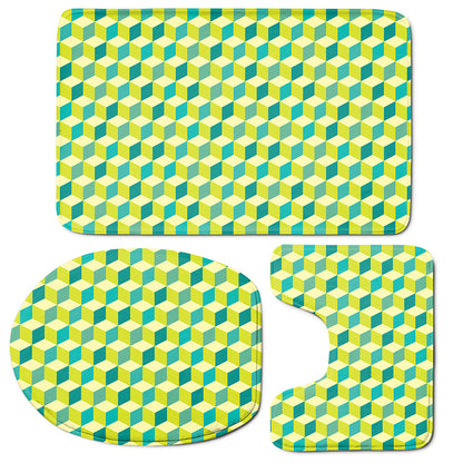 Green Geometric Cube Shape Pattern Print 3 Piece Bath Mat Set