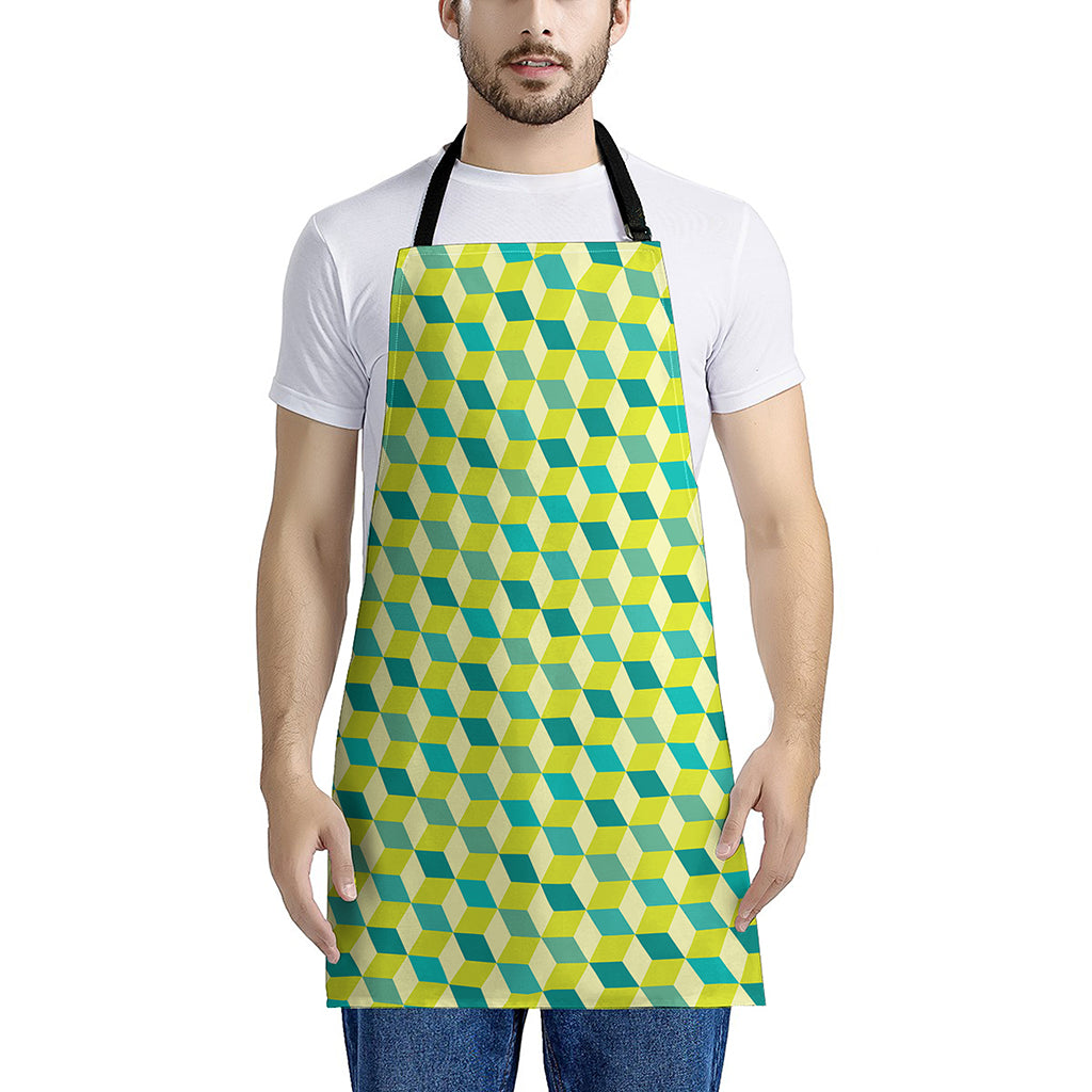 Green Geometric Cube Shape Pattern Print Apron