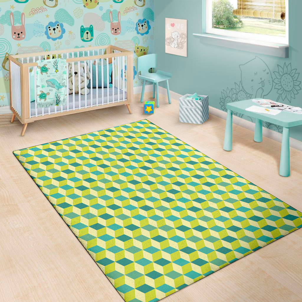 Green Geometric Cube Shape Pattern Print Area Rug