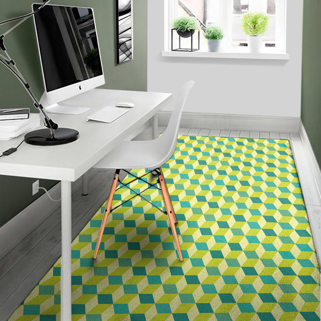 Green Geometric Cube Shape Pattern Print Area Rug