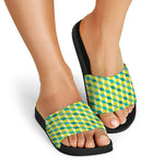 Green Geometric Cube Shape Pattern Print Black Slide Sandals
