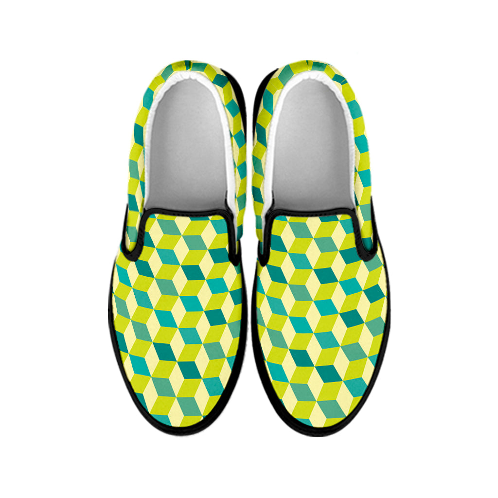 Green Geometric Cube Shape Pattern Print Black Slip On Shoes