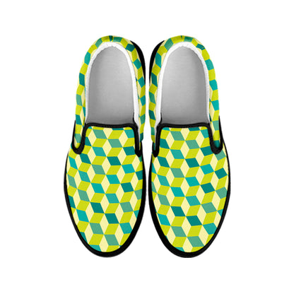 Green Geometric Cube Shape Pattern Print Black Slip On Shoes