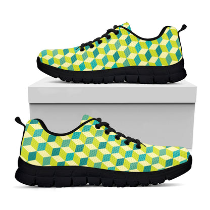 Green Geometric Cube Shape Pattern Print Black Sneakers