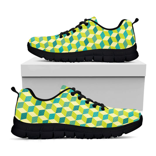 Green Geometric Cube Shape Pattern Print Black Sneakers