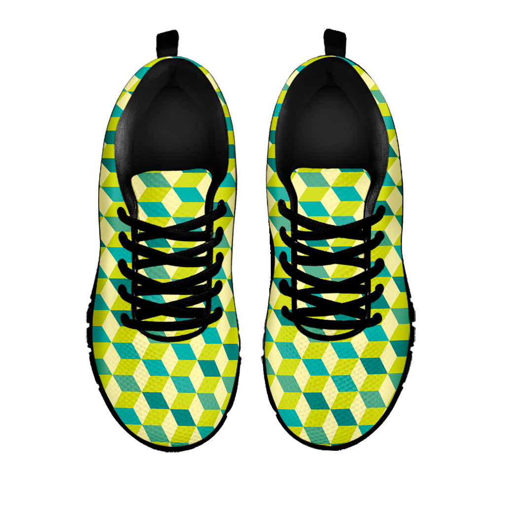 Green Geometric Cube Shape Pattern Print Black Sneakers