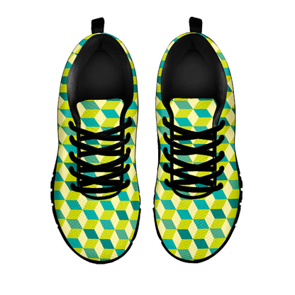 Green Geometric Cube Shape Pattern Print Black Sneakers