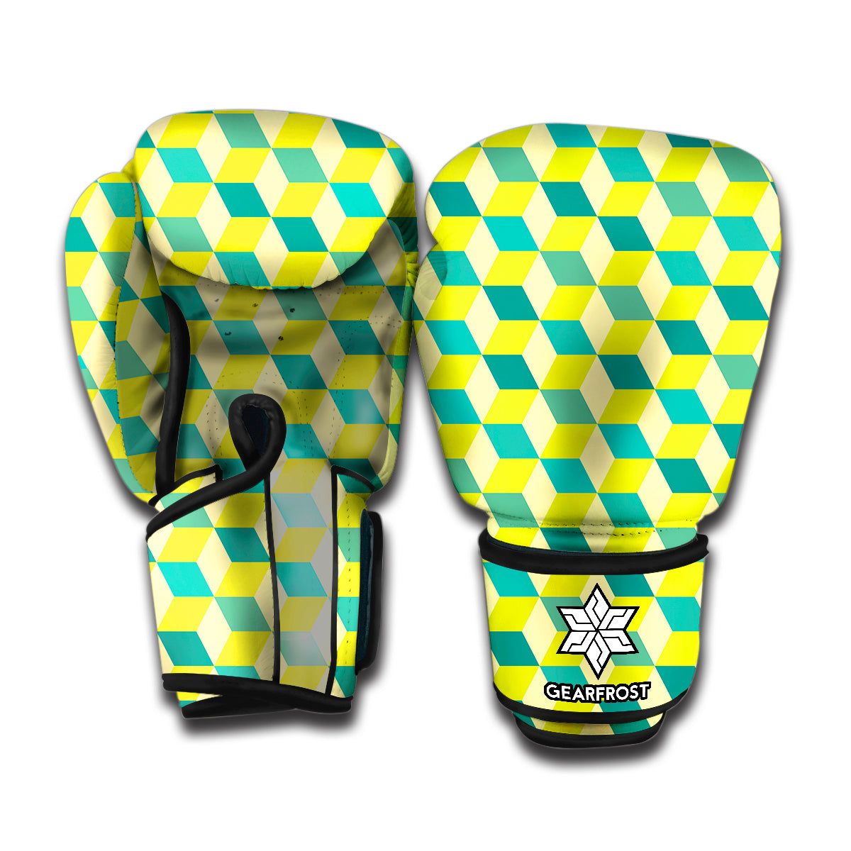 Green Geometric Cube Shape Pattern Print Boxing Gloves
