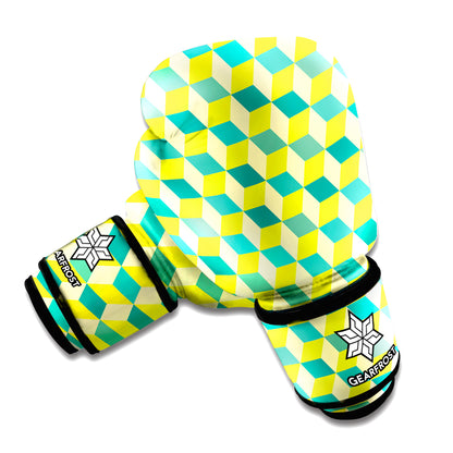 Green Geometric Cube Shape Pattern Print Boxing Gloves