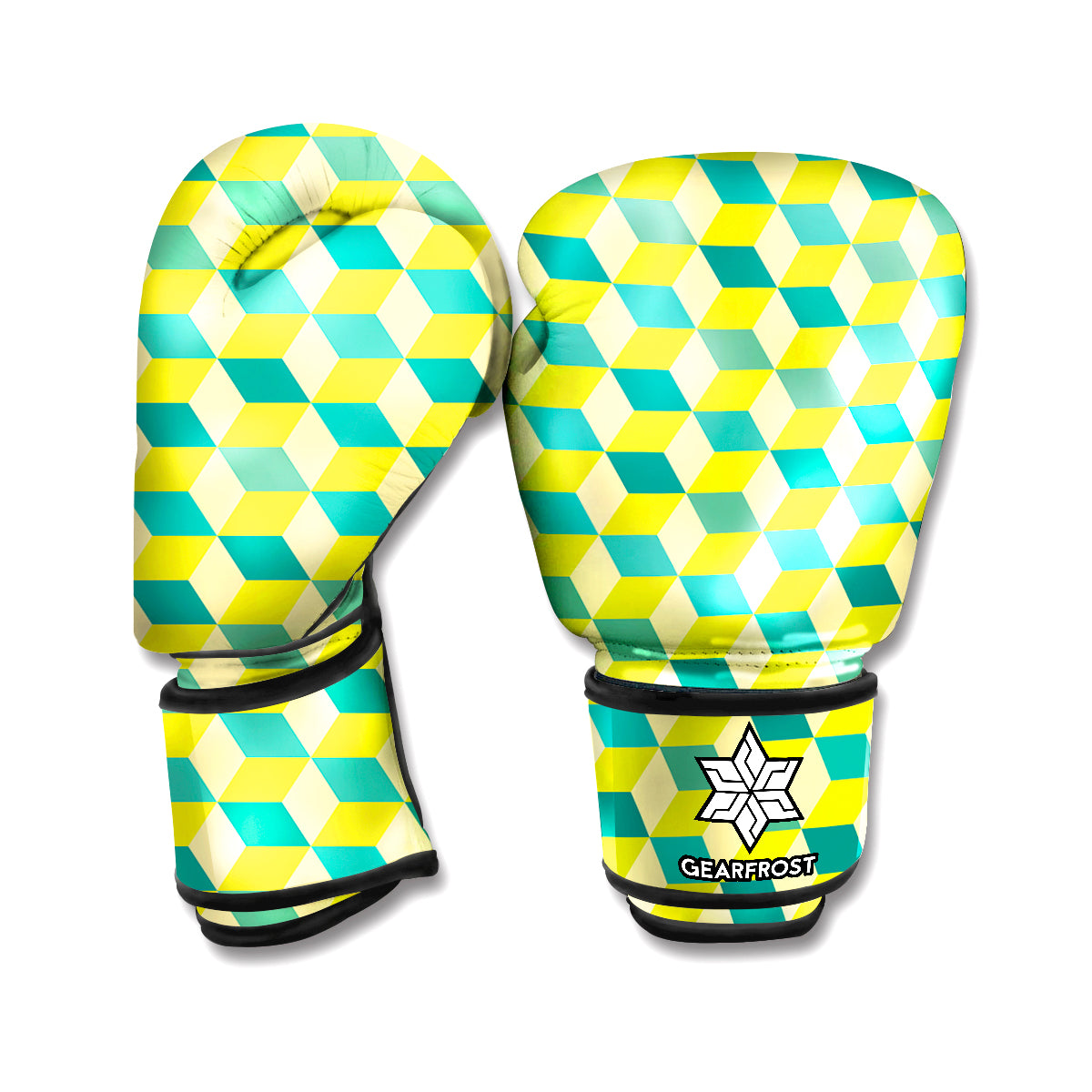 Green Geometric Cube Shape Pattern Print Boxing Gloves