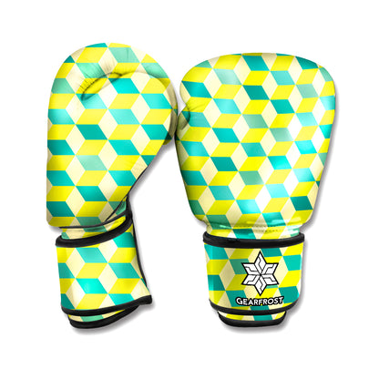 Green Geometric Cube Shape Pattern Print Boxing Gloves