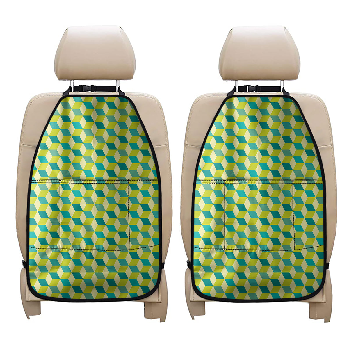 Green Geometric Cube Shape Pattern Print Car Seat Organizers