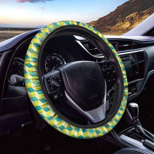 Green Geometric Cube Shape Pattern Print Car Steering Wheel Cover