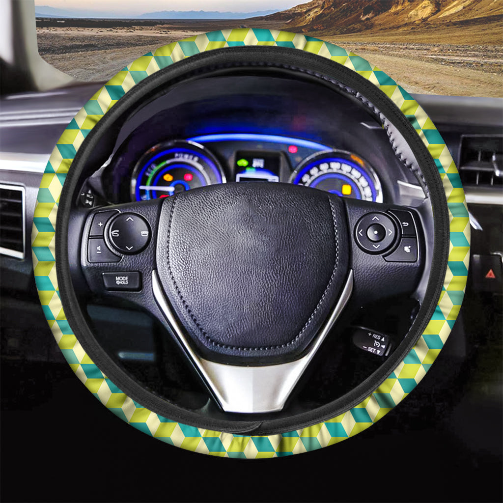 Green Geometric Cube Shape Pattern Print Car Steering Wheel Cover