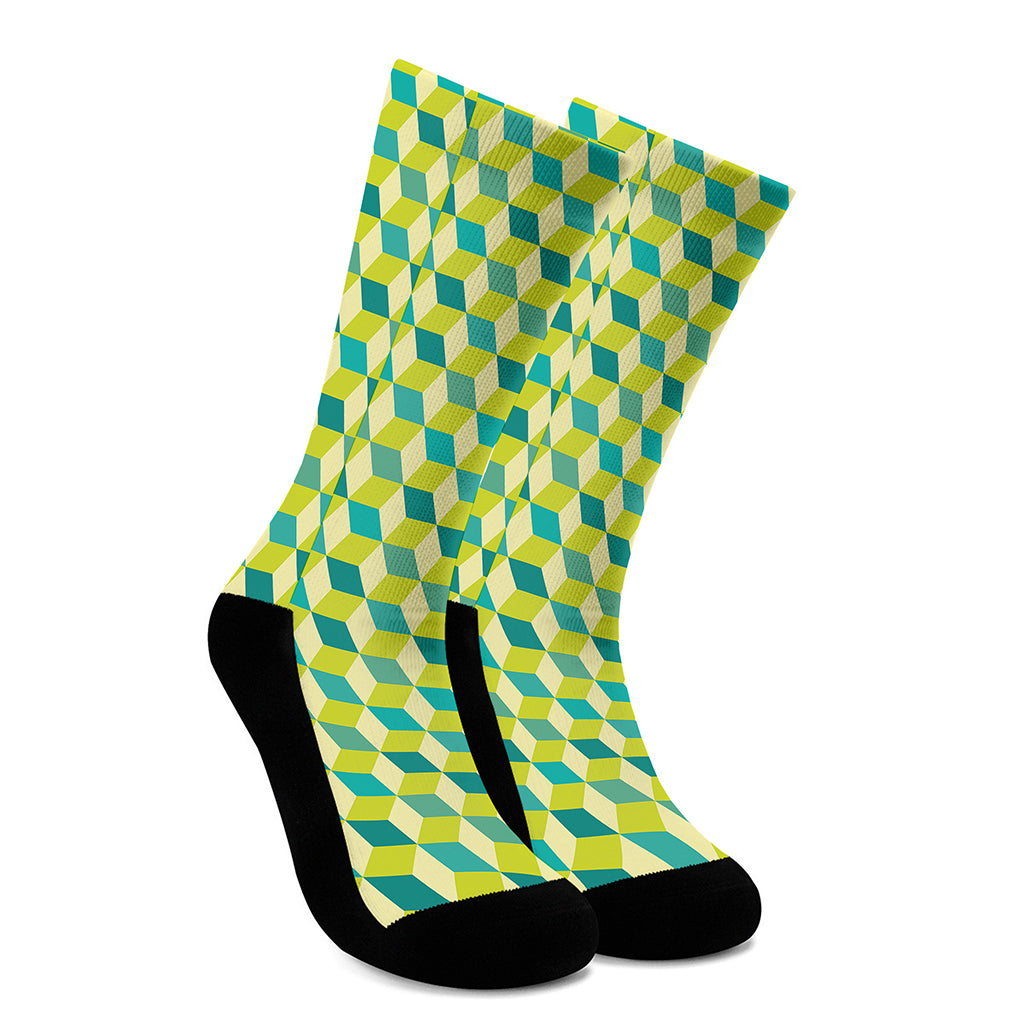 Green Geometric Cube Shape Pattern Print Crew Socks