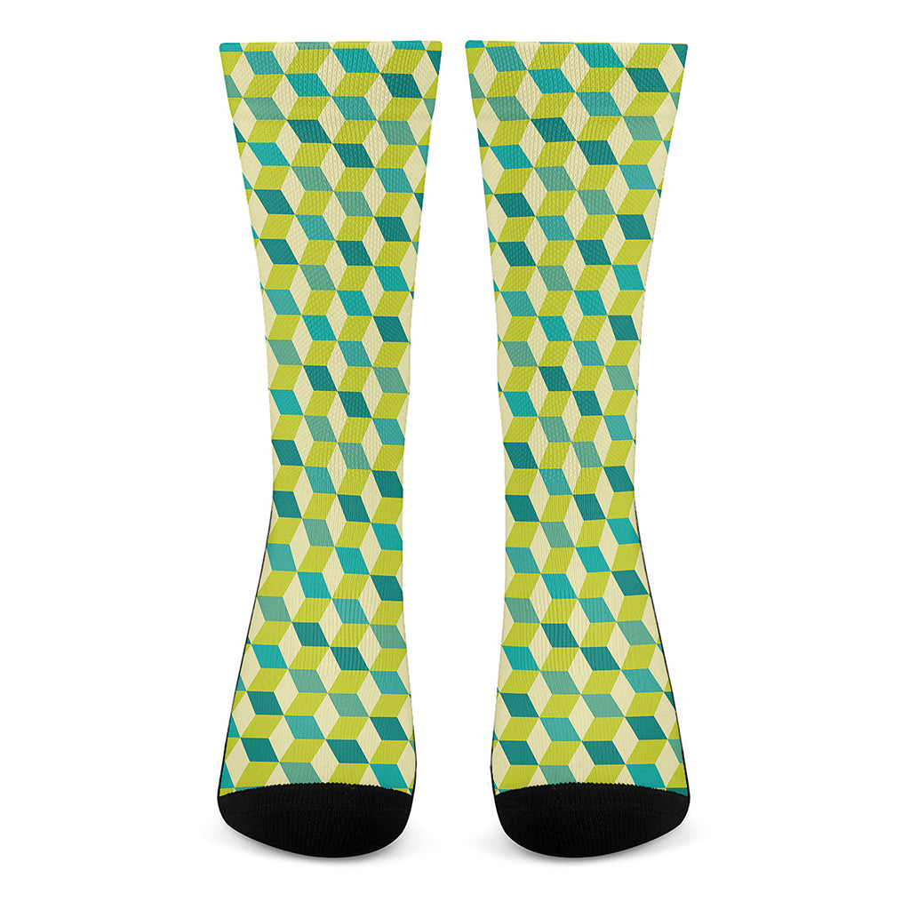 Green Geometric Cube Shape Pattern Print Crew Socks