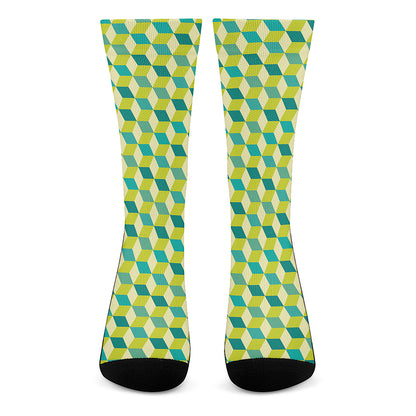 Green Geometric Cube Shape Pattern Print Crew Socks