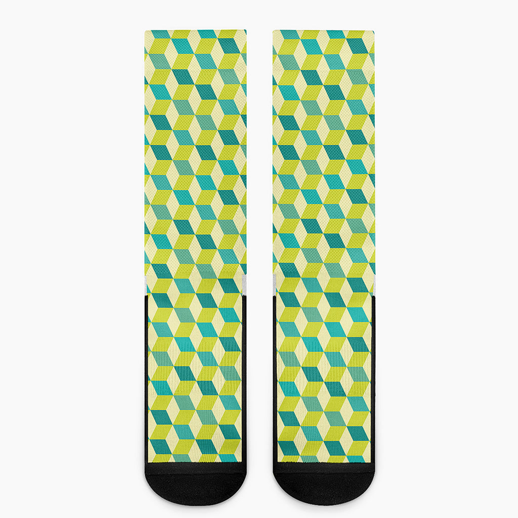 Green Geometric Cube Shape Pattern Print Crew Socks