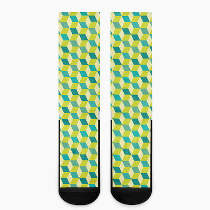 Green Geometric Cube Shape Pattern Print Crew Socks