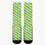 Green Geometric Cube Shape Pattern Print Crew Socks