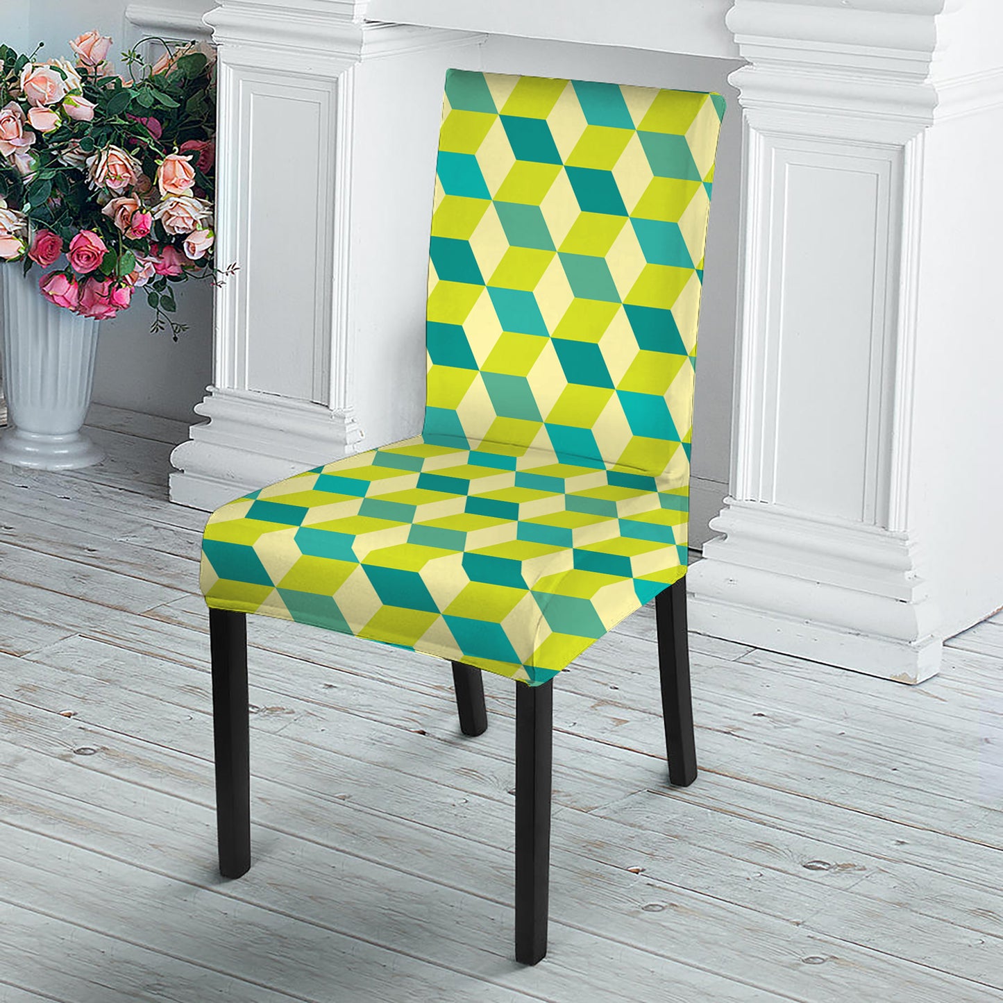 Green Geometric Cube Shape Pattern Print Dining Chair Slipcover