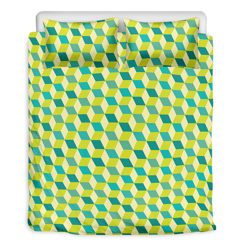 Green Geometric Cube Shape Pattern Print Duvet Cover Bedding Set