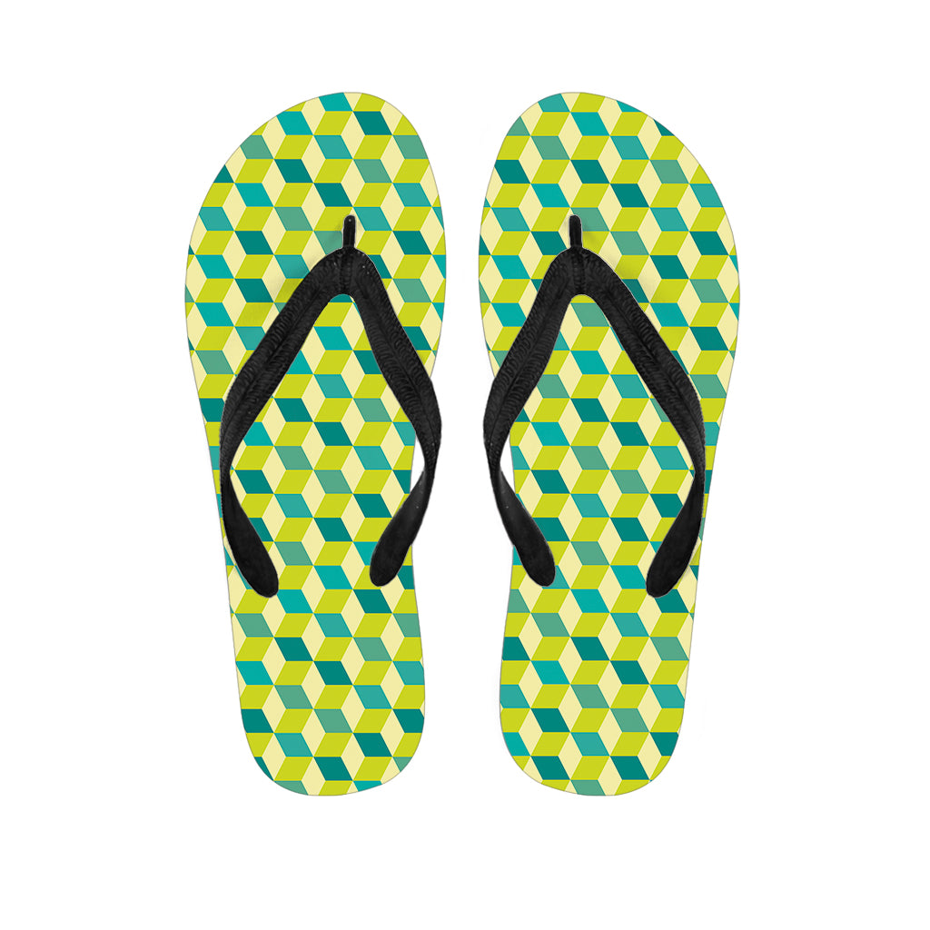 Green Geometric Cube Shape Pattern Print Flip Flops