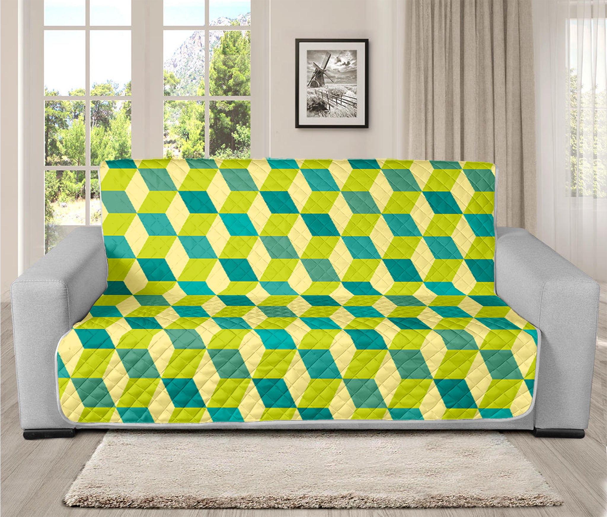 Green Geometric Cube Shape Pattern Print Futon Protector