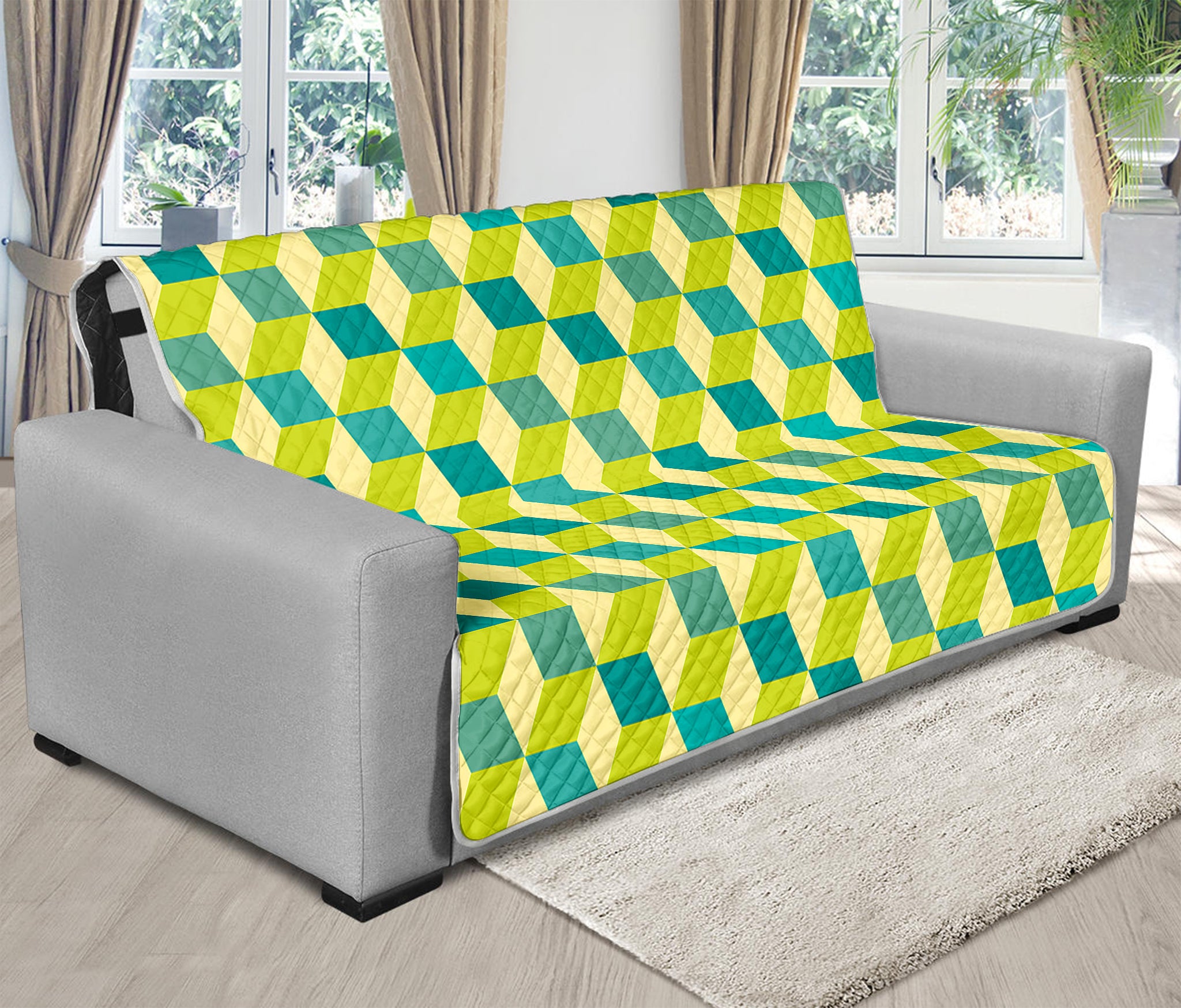 Green Geometric Cube Shape Pattern Print Futon Protector